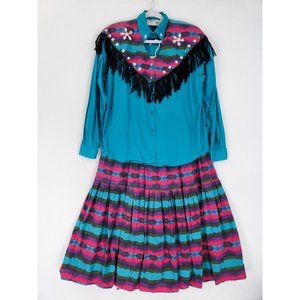 Chaparral Ridge Skirt Shirt Women Teal Blue Pink Western Vintage Fringe 2 PC Set